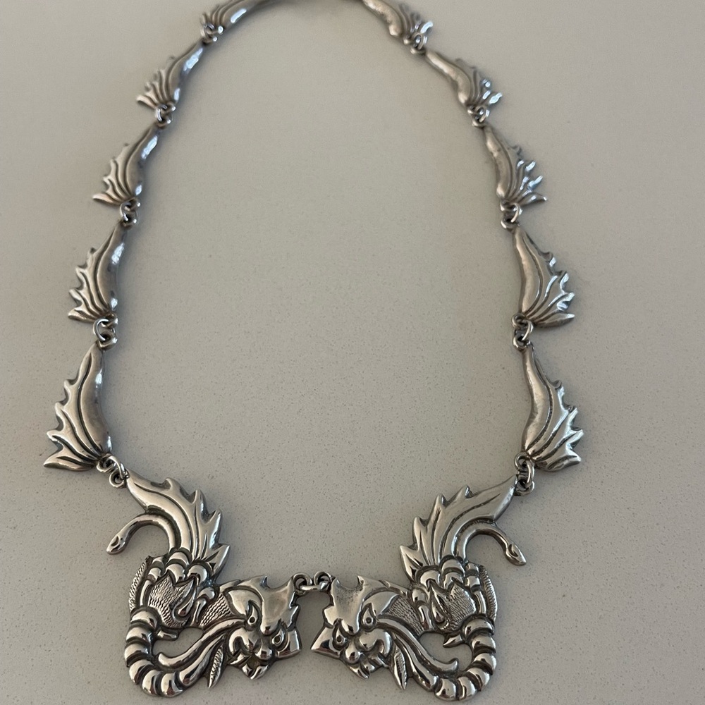 Mid Century Sterling Silver Dueling Dragons Necklace